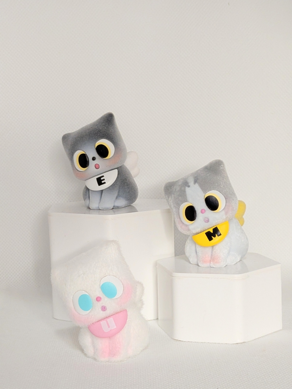 Cute Plush Cat Figurine Keychain - Gray, White and Pink